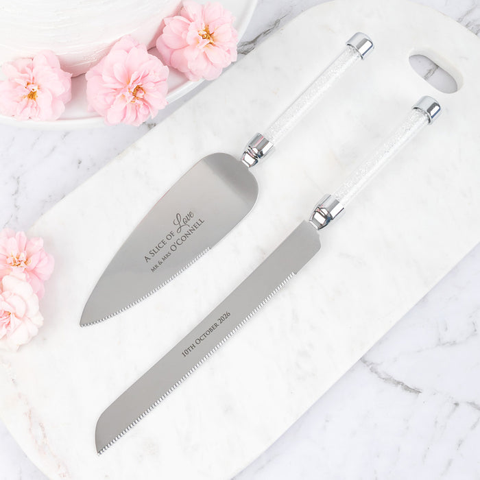 Personalised silver crystal wedding cake knife set, a perfect keepsake.