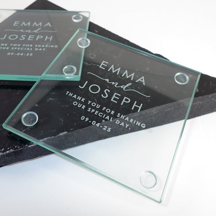 Personalised laser engraved glass coasters for wedding guests