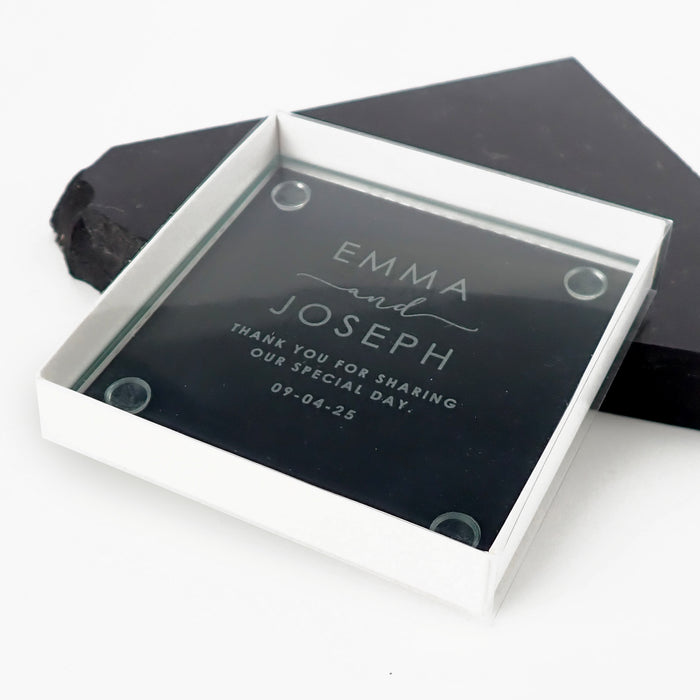 Laser engraved wedding glass coasters with guest names with Gift Box