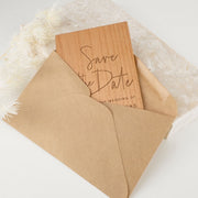 Custom designed engraved wooden save the dates