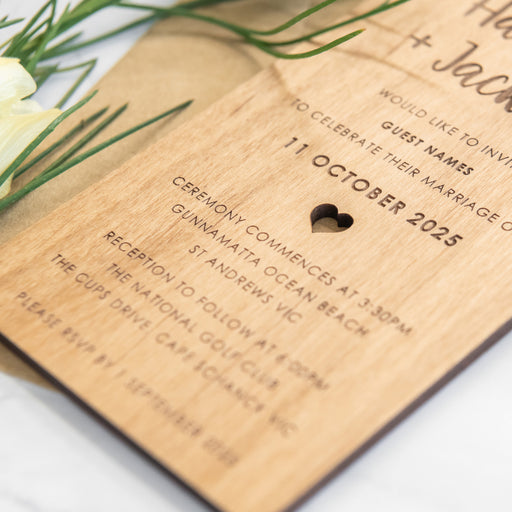 Custom designed 11B Engraved Vertical Wooden Wedding Invitation