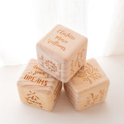 Personalised baby keepsake cube featuring quotes like “be brave” and “follow your dreams”
