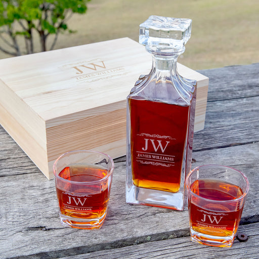 Personalised Engraved Christmas Wooden Gift Boxed Decanter, Scotch Glasses and Whiskey Stone Set
