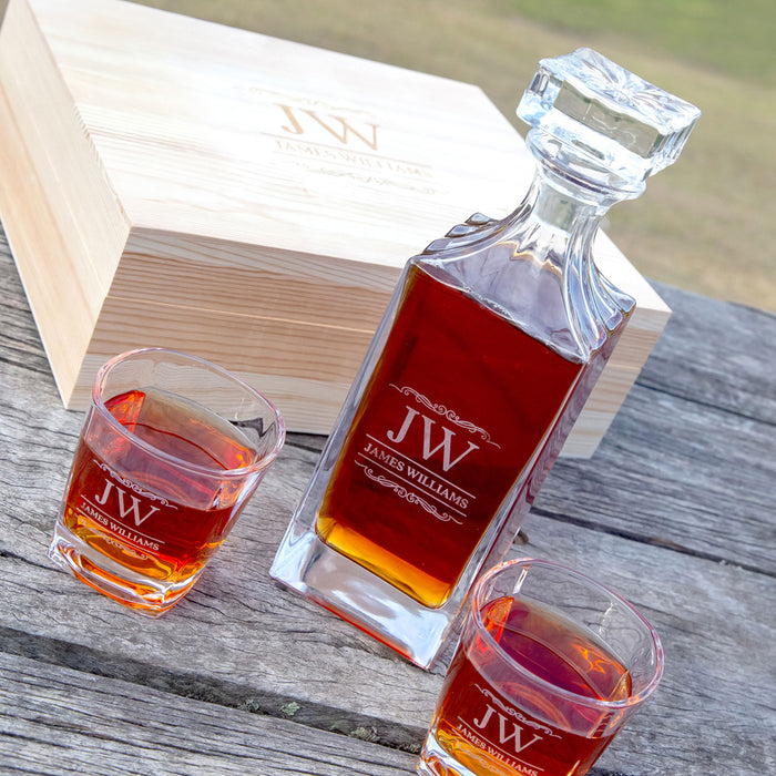 Engraved Decanter, Scotch Glasses and Whiskey Stone Wooden Gift Box Set Christmas Present