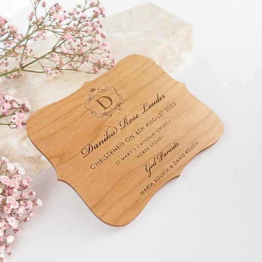 Custom Artwork Engraved Name Christening Wooden Magnetic Invitation