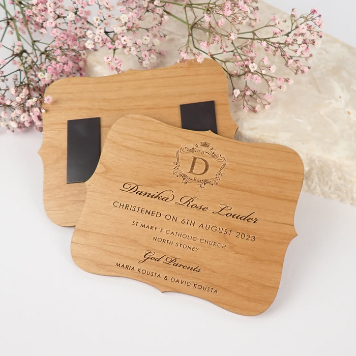 Personalised Engraved Wooden Christening, Baptism, Naming Day Magnetic Invitation