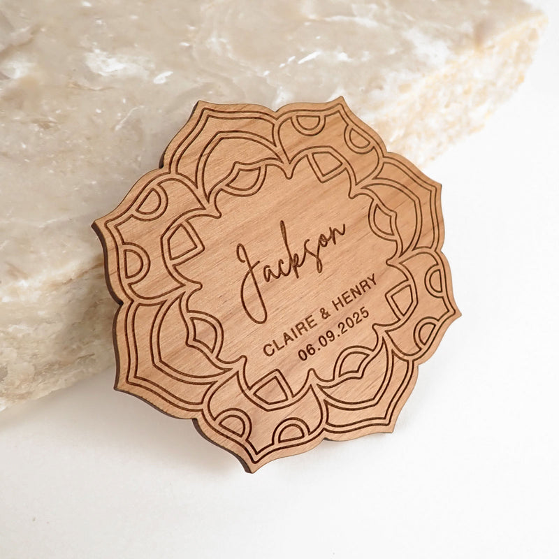 Custom Designed Engraved Wooden Flower Wedding Reception Placecard
