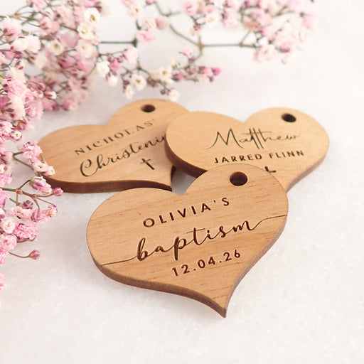 Personalised Engraved Wooden "Heart" Baby Shower, Baptism & Naming Day Christening Gift Tags Favours