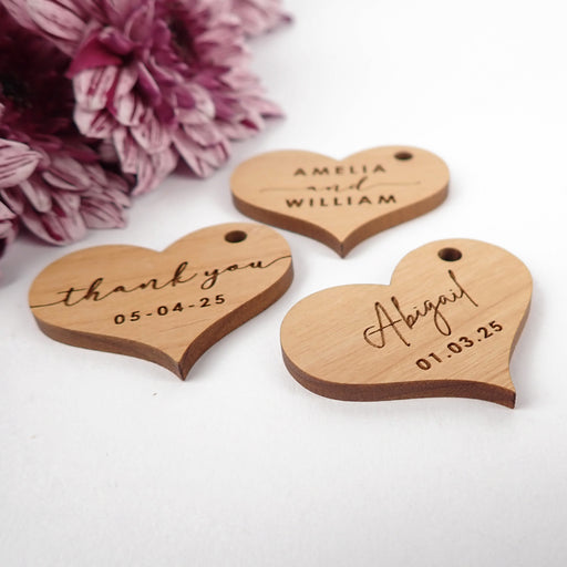 custom designed laser cut and engraved wooden shaped wedding favour gift tags
