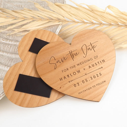 Custom designed engraved wooden heart shaped save the date
