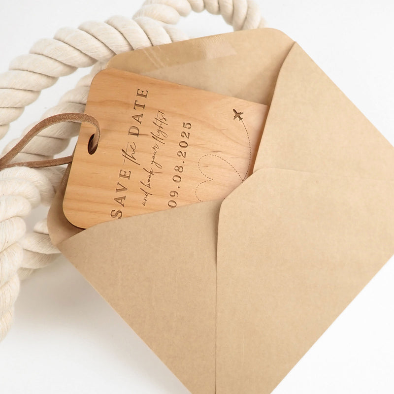 Customised Engraved Wooden Luggage Tag Shaped Save the Date