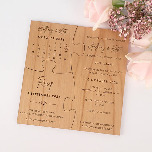 Puzzle wooden wedding invitation and save the date