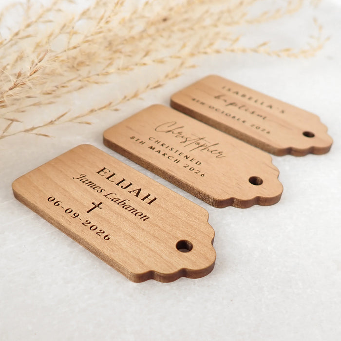 Personalised Engraved Wooden Baby Christening Gift Tags Favours