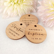 Customised Engraved Baptism Baby Round Wooden Gift Tag Favours
