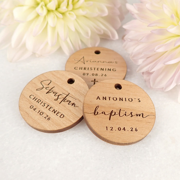 Customised Engraved Baptism Baby Round Wooden Gift Tag Favours