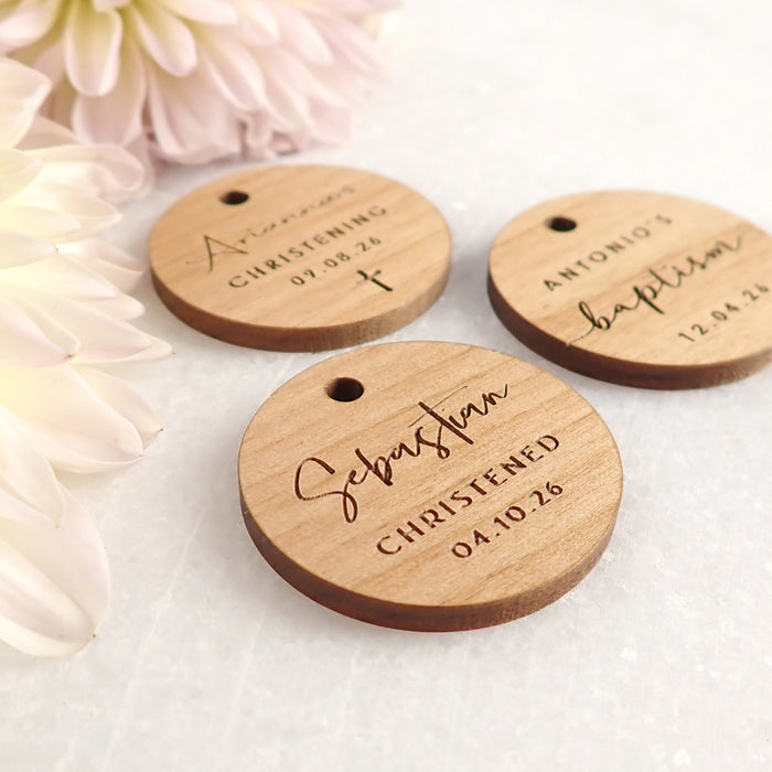 Custom Designed Engraved Naming Day Baby Round Wooden Gift Tag Favours