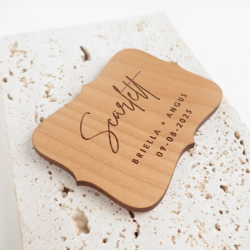 Custom Designed Engraved Royal Style Wooden Wedding Reception Placecards with Magnet