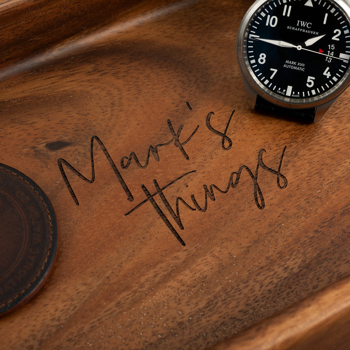 Natural wood tray with custom name engraving – perfect for keys, watches, and bedside use