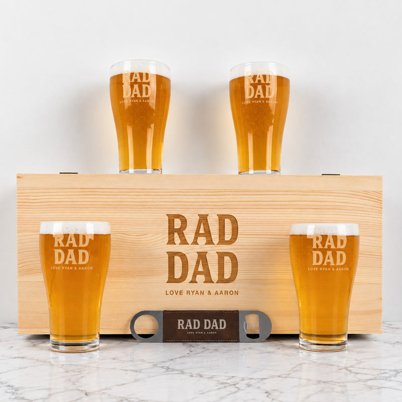 Personalised Father’s Day beer gift set with four engraved glasses and wooden keepsake box