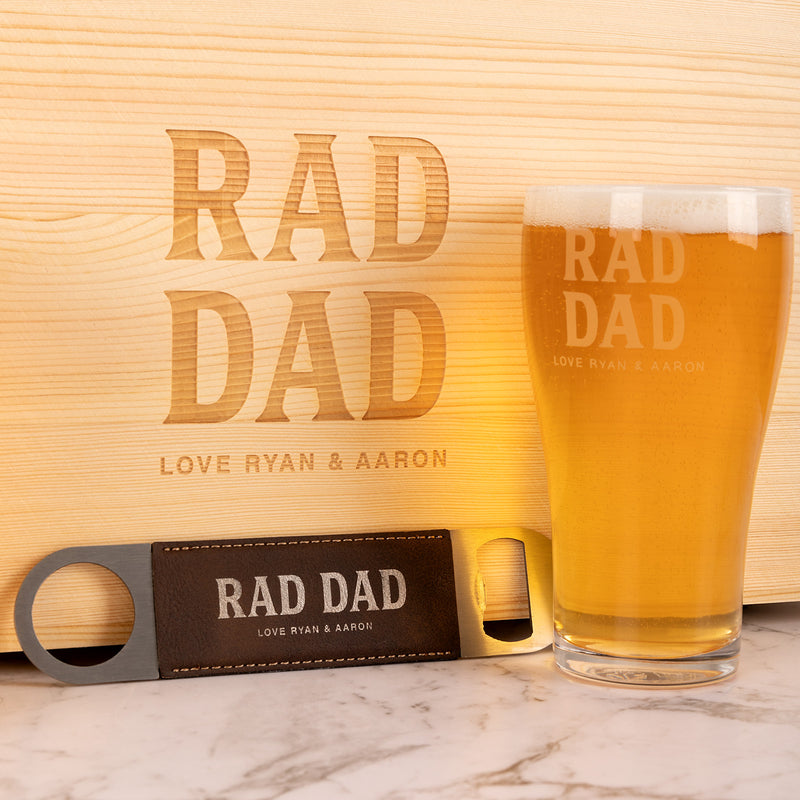 Father's Day gift set with four engraved beer glasses and barmate in keepsake box