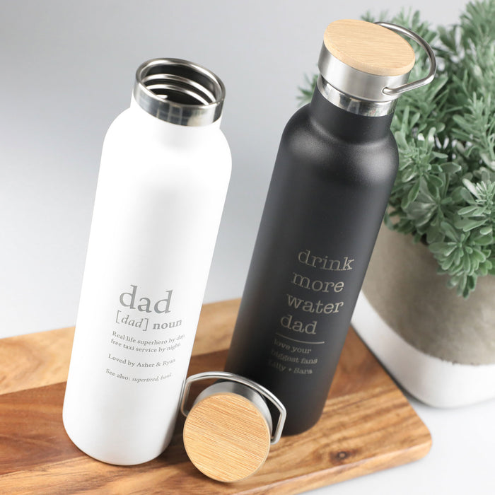 Customised Engraved Father's Day Black & White Water Bottles With Wooden Lid Present