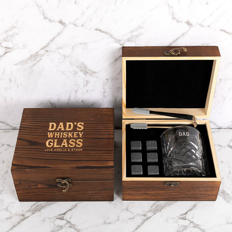 Personalised whiskey glass set in engraved wooden box for Father’s Day