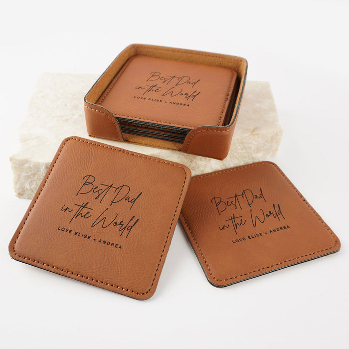 Personalised Engraved Father's Day Brown Leather Set of 6 Coaster and Coaster holder Present