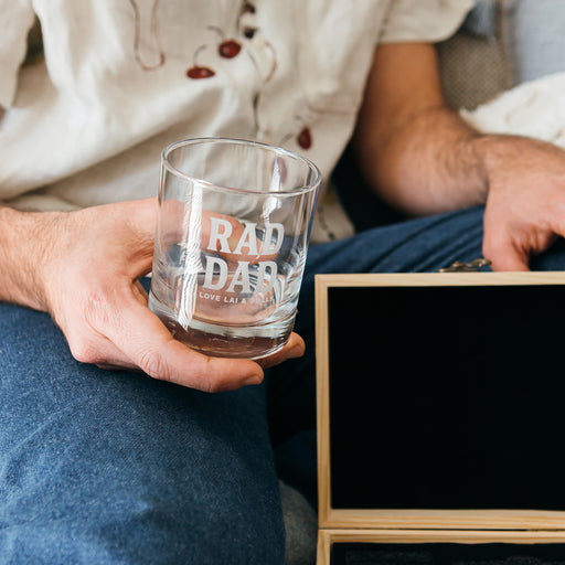 Laser engraved whiskey glass and wooden gift box personalised with Dad's name and special message