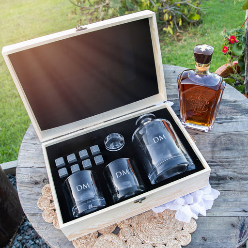 Personalised Engraved Bridal Party Round Decanter and Scotch Glasses with Whiskey Stones and Wooden Box