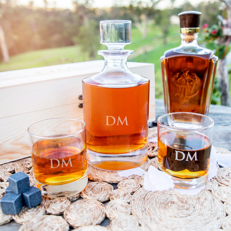 Custom Engraved Bridal Party Groomsman Round Decanter and Scotch Glasses with Whiskey Stones and Wooden Box