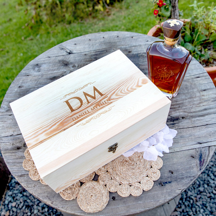 Custom Designed Engraved Groomsman Best Man Round Decanter and Scotch Glasses with Whiskey Stones and Wooden Box