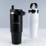 Personalised 900ml flip straw tumbler with engraved name and carry handle in black stainless steel.