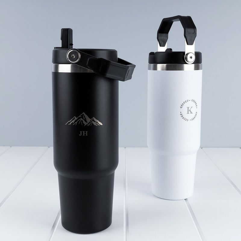 Personalised 900ml flip straw tumbler with engraved name and carry handle in black stainless steel.