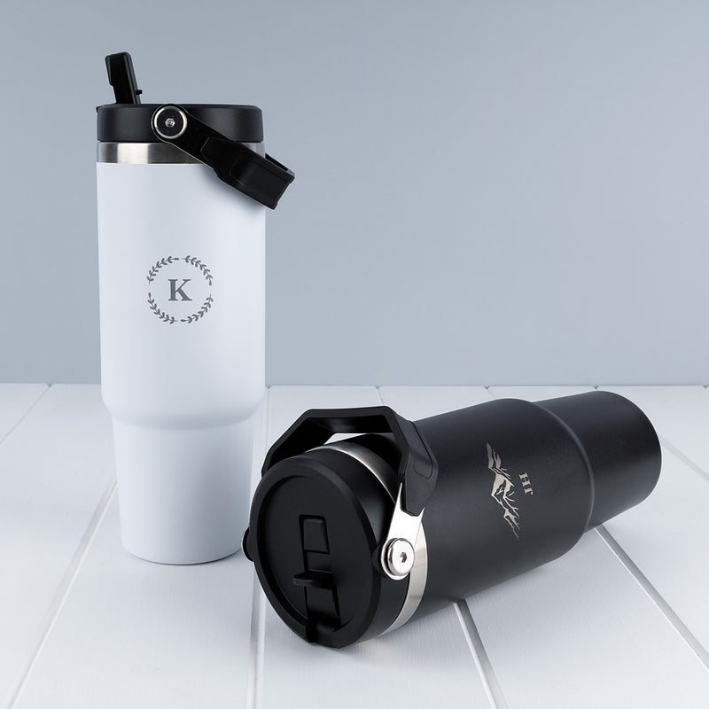Custom engraved insulated stainless steel tumbler with flip straw, folding handle and 900ml capacity.