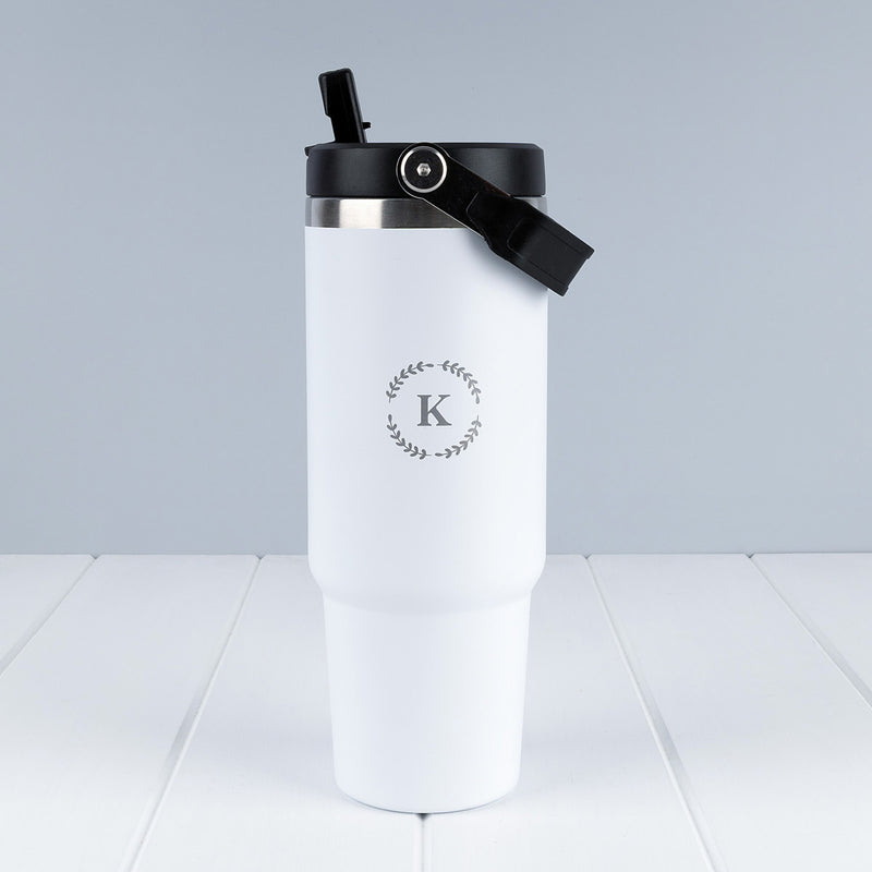 Engraved 900ml travel tumbler with carry handle, flip straw and personalised design for everyday use.
