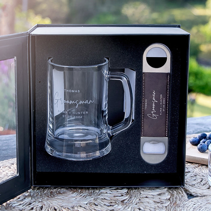 Groomsman Personalised Engraved 500ml Beer Mug and Leather Stainless Steel Barmate Bottle Opener With Gift Box Wedding Favour