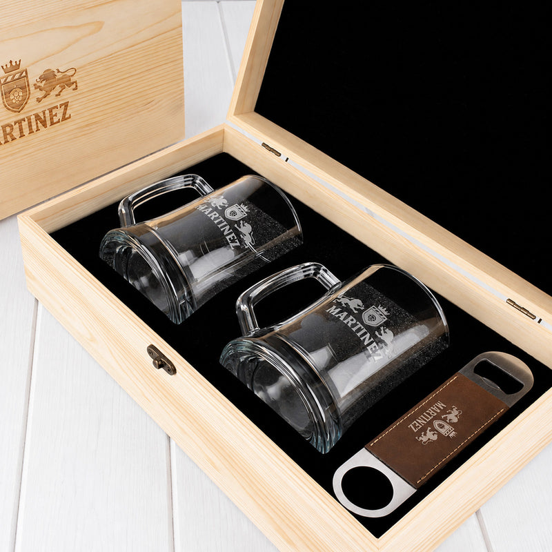 Engraved beer mug gift set with personalised leatherette barmate and wooden presentation box