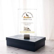 Personalised glass trophy award with full-colour printing, chrome stand and navy presentation gift box