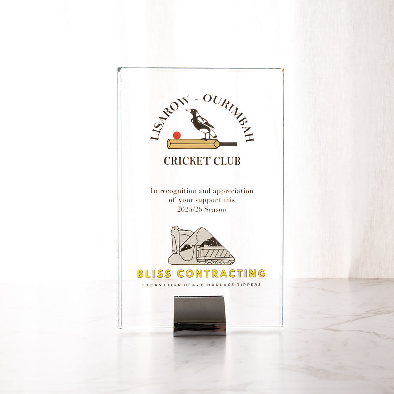 Custom printed glass trophy with company logo and recipient details for corporate awards and employee recognition