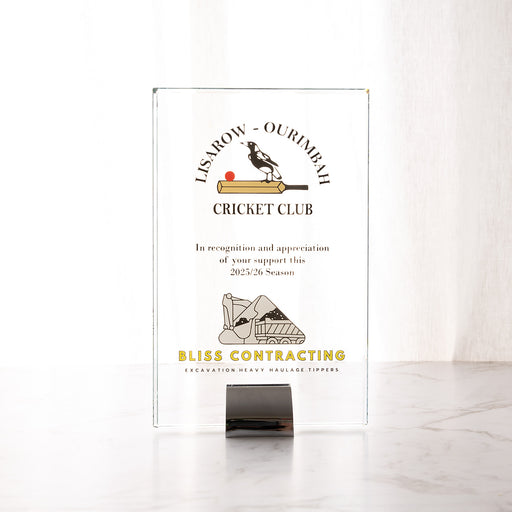 Custom printed glass trophy with company logo and recipient details for corporate awards and employee recognition