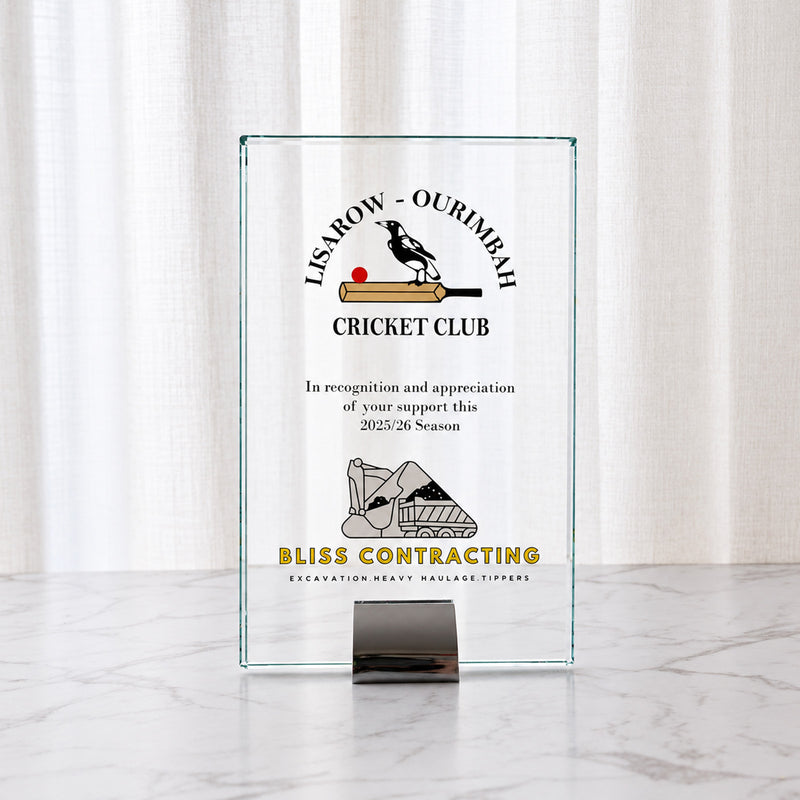 Personalised glass trophy award with full-colour company logo, custom text and chrome stand.