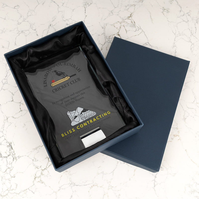 Personalised glass award trophy for sporting clubs, competitions and achievement awards. Gift box included. 