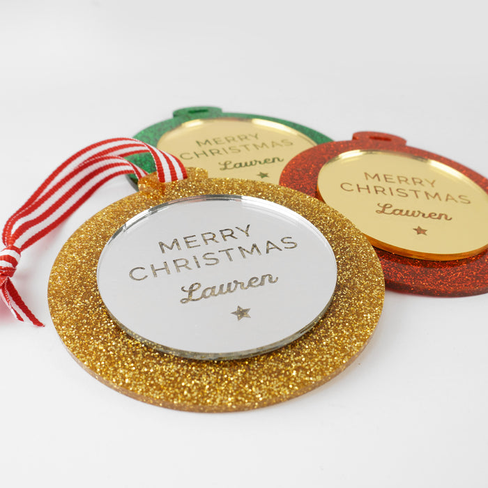 Customised Engraved Mirror Gold and Silver Christmas Tree Ornaments or Glitter gold, Green or Red