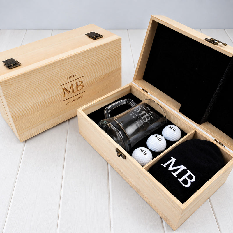 Personalised milestone birthday golf gift set with engraved beer mug, printed golf balls and embroidered golf towel in a wooden gift box.