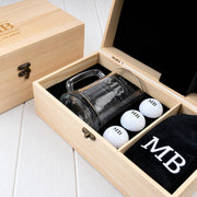 Personalised golf and beer gift set for 30th, 40th, 50th or 60th birthday with beer mug, golf balls and embroidered towel.