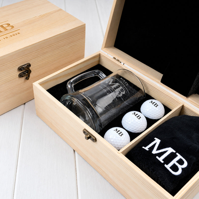 Personalised golf and beer gift set for 30th, 40th, 50th or 60th birthday with beer mug, golf balls and embroidered towel.