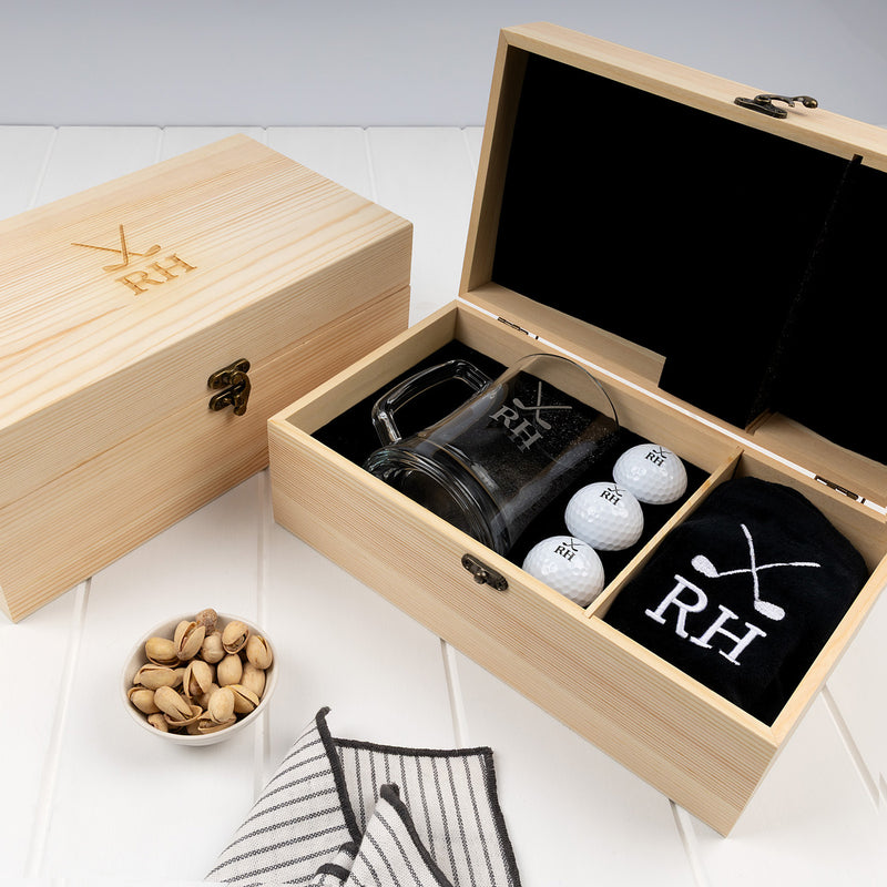 Personalised golf gift set with engraved beer mug, golf balls and towel