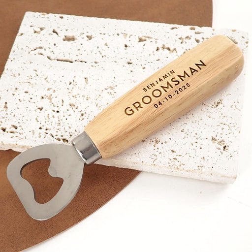 Custom designed Engraved Beach Wood Handle Bottle Opener Groomsman & Bridesmaid gift