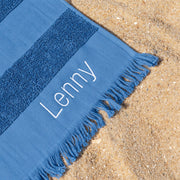 Denim blue cotton hooded beach towel for kids, personalised with their name, perfect for swimming lessons and beach days.