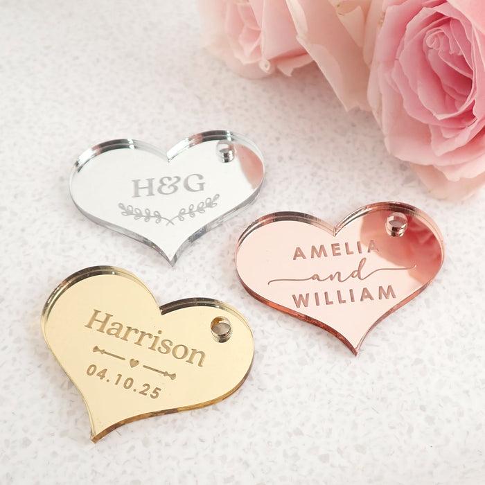 Customised Engraved Wedding Heart Mirror Silver, Gold and Rose Gold Gift Tag Favours